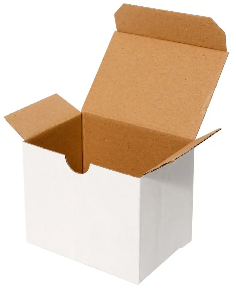 Wellpapp-Stanzverpackung, 3-Pkt.geklebt, Einsteckdeckel, Staublaschen, in Umkarton verpackt
