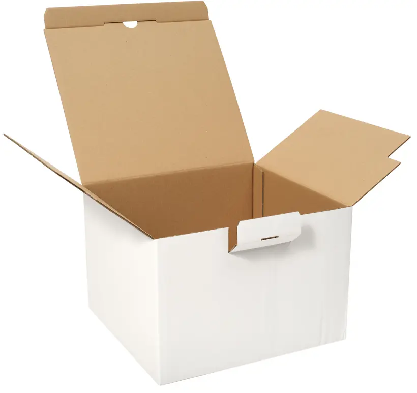 Wellpappaufrichtkarton 1-tlg., weiß; mit Automatikboden; Staublaschen stoßend; Einsteckdeckel mit Mittelverschluss