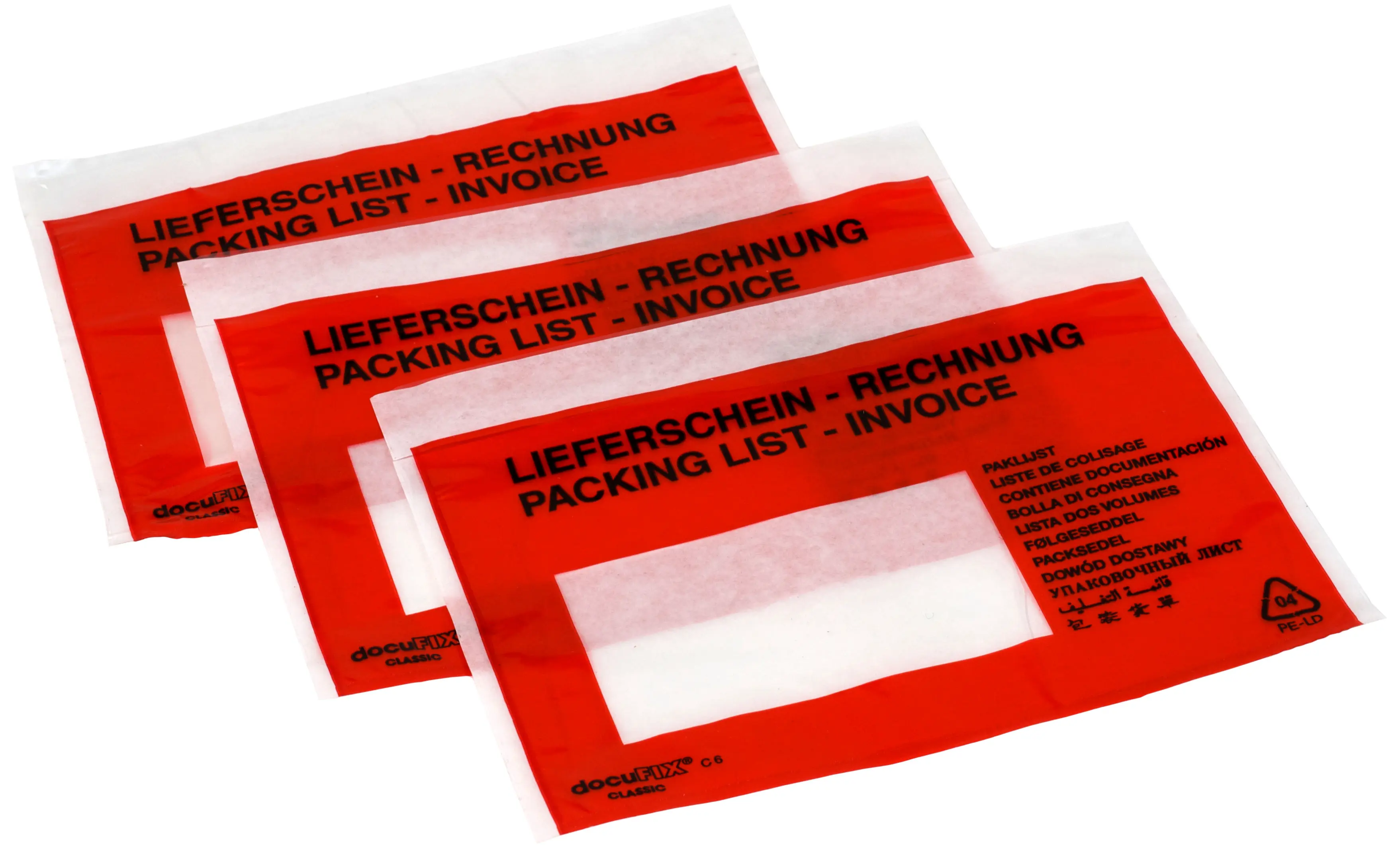 Begleitpapiertaschen, dokuFIX® Druck: `LS - RG` 10-sprachig, entspiegelt, EAN-Code lesbar, 250 St. im Spendekarton, 1000 St. im Umkarton, unsere Nr.58
