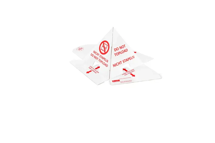 Stapelschutzpyramide, Palettenhütchen, mit 2 SKL-Streifen, Druck: rot ``Do not Topload`` und ``Bitte nicht Stapeln`` 